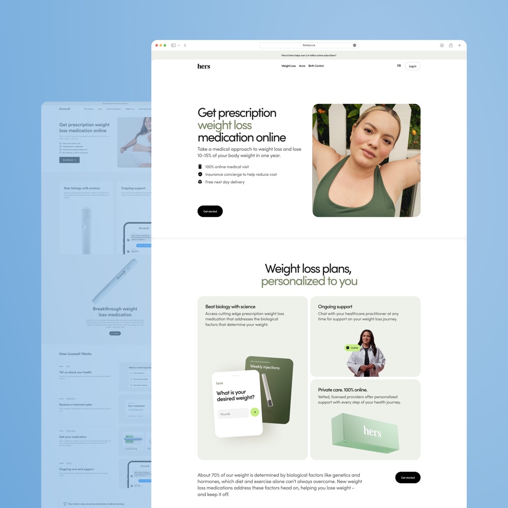 The original Livewell page faded behind the new Hers page
