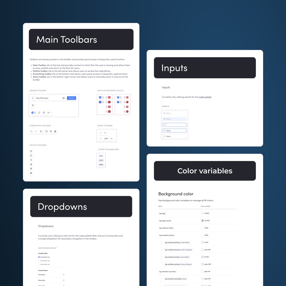 Design system docs for toolbars, inputs, dropdowns, and colors