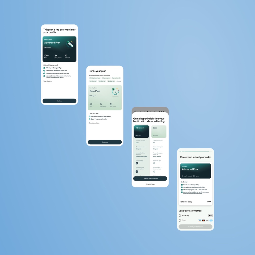 Plan recommendation, plan comparison, and order review screens