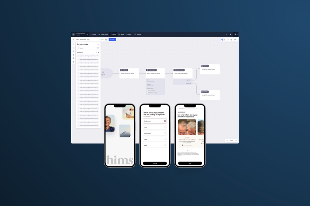 GoFlow builder on a laptop with patient screens on phones